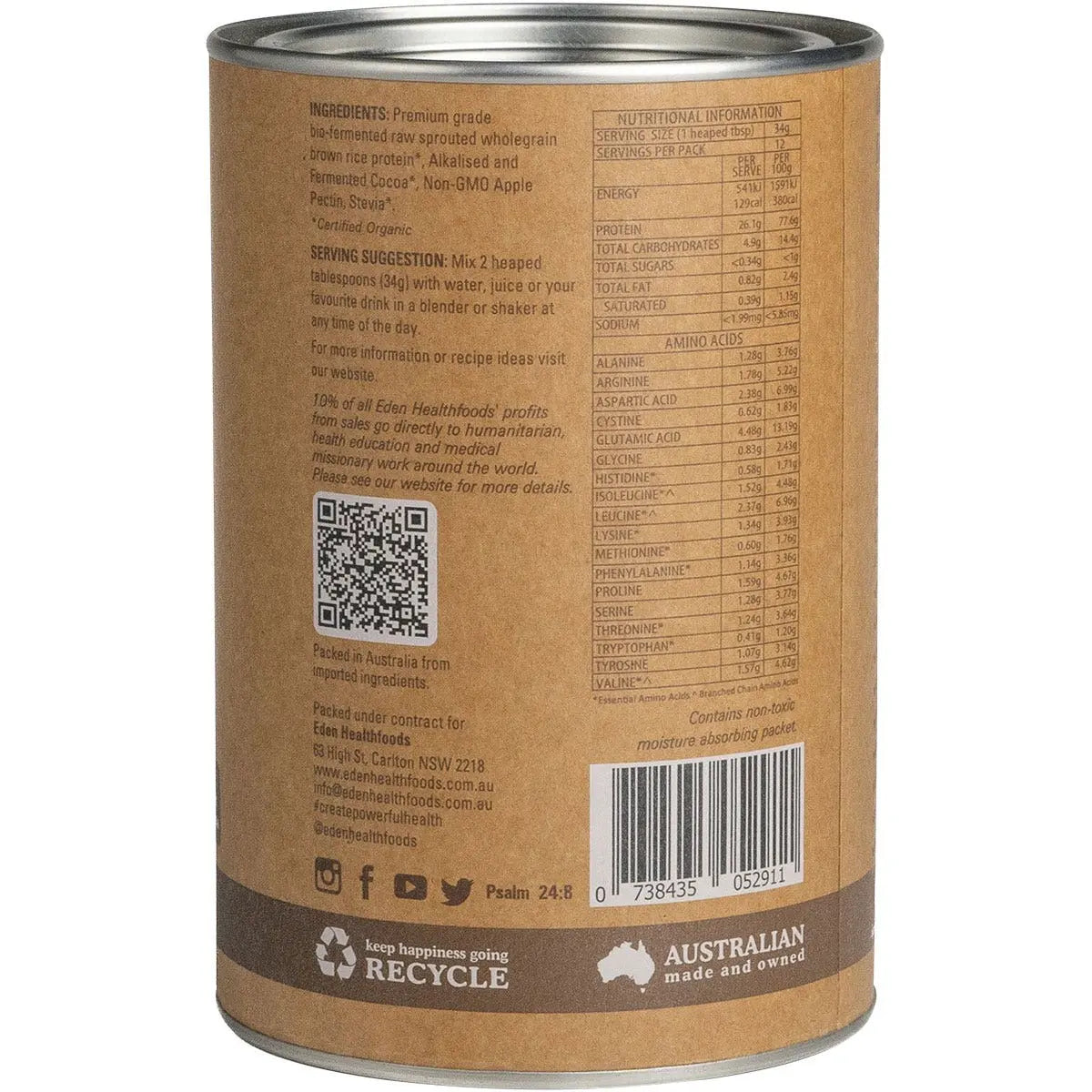 EDEN HEALTHFOODS Ultimate Protein Sprouted Brown Rice - Chocolate 400g EDEN HEALTHFOODS