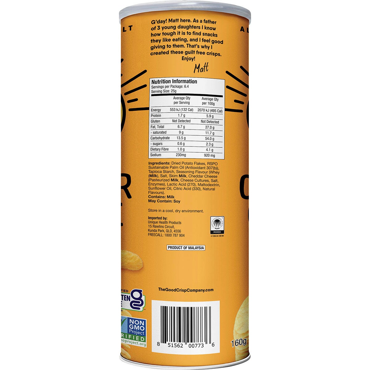 THE GOOD CRISP COMPANY Potato Crisps Cheddar Cheese 8x160g THE GOOD CRISP COMPANY