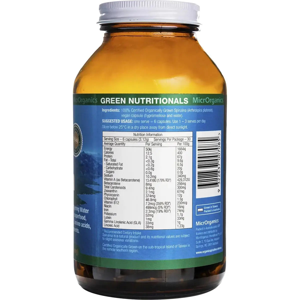 Green Nutritionals Mountain Organic Spirulina Vegan Capsules (520mg) 180 GREEN NUTRITIONALS