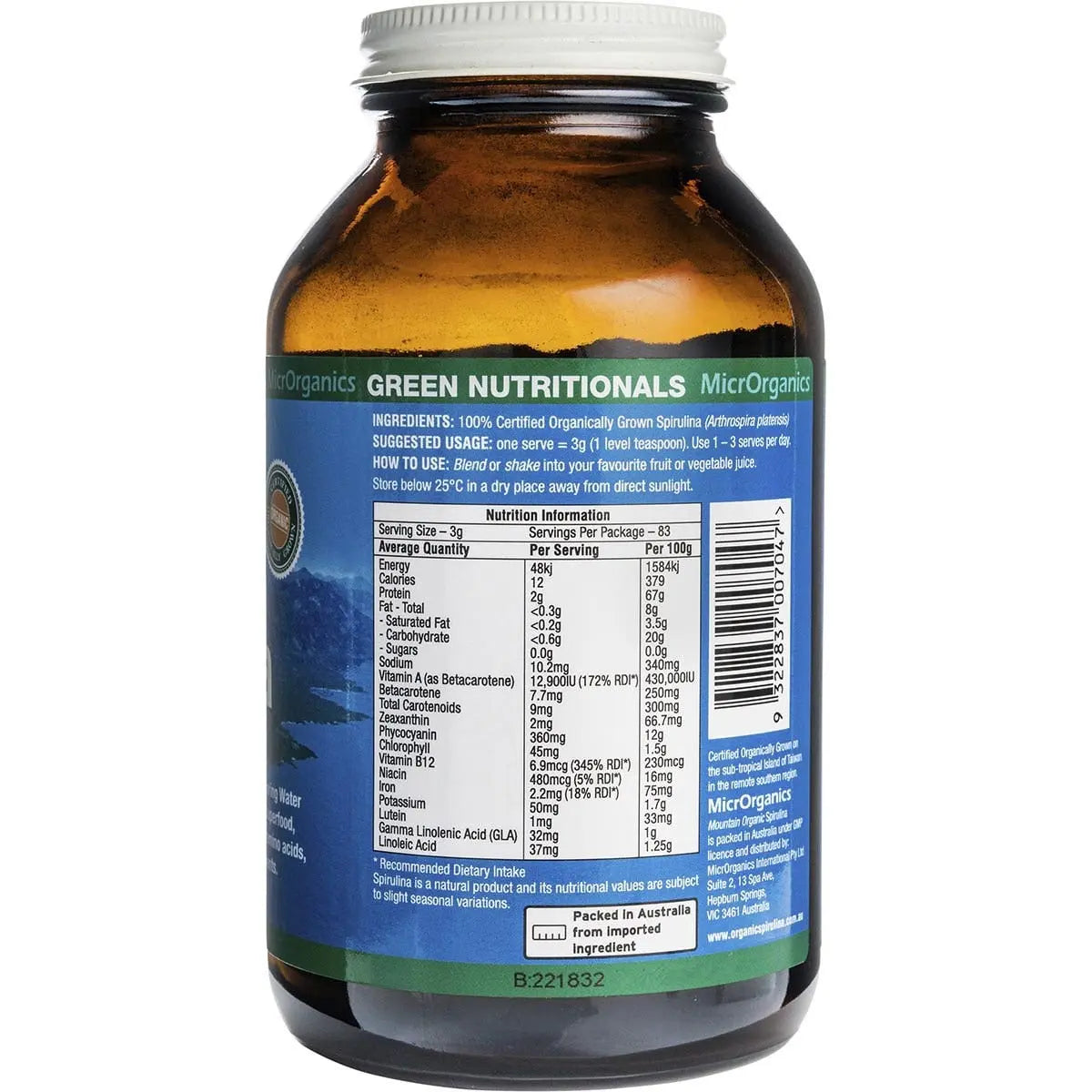 GREEN NUTRITIONALS Mountain Organic Spirulina Powder 250g GREEN NUTRITIONALS