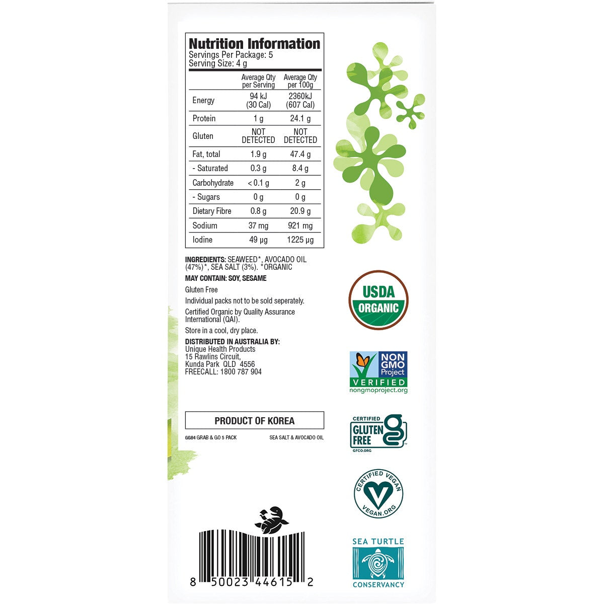 GimMe Roasted Seaweed Snacks Grab & Go Sea Salt & Avocado Oil 5x4g - Cutprice Online