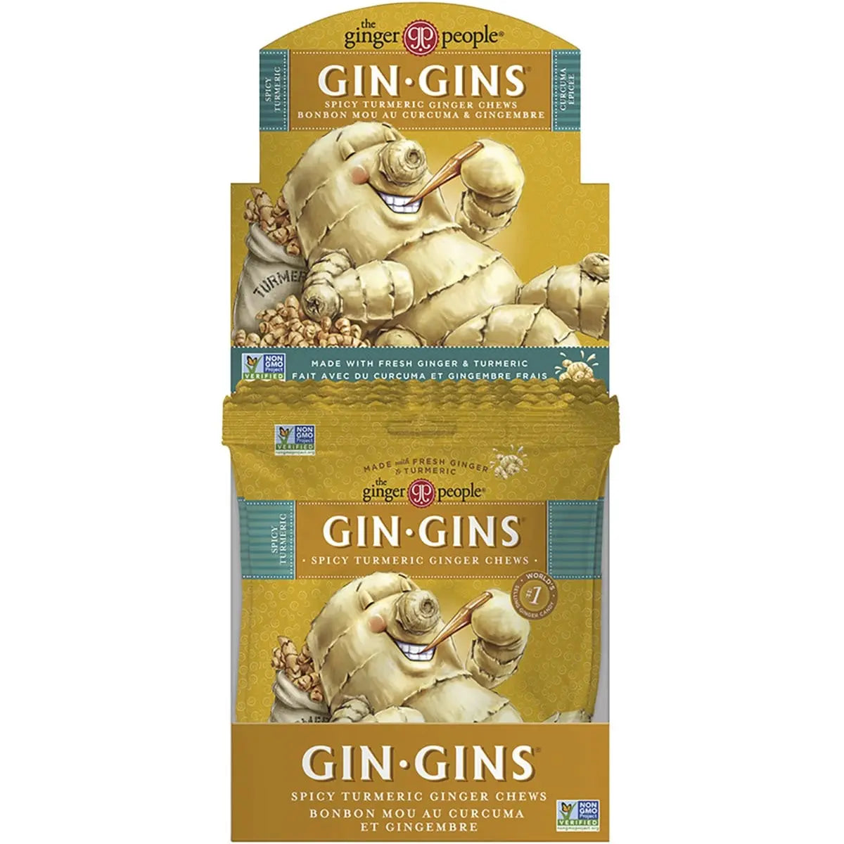 THE GINGER PEOPLE Gin Gins Ginger Candy Bag Chewy - Spicy Turmeric 12x 60g THE GINGER PEOPLE