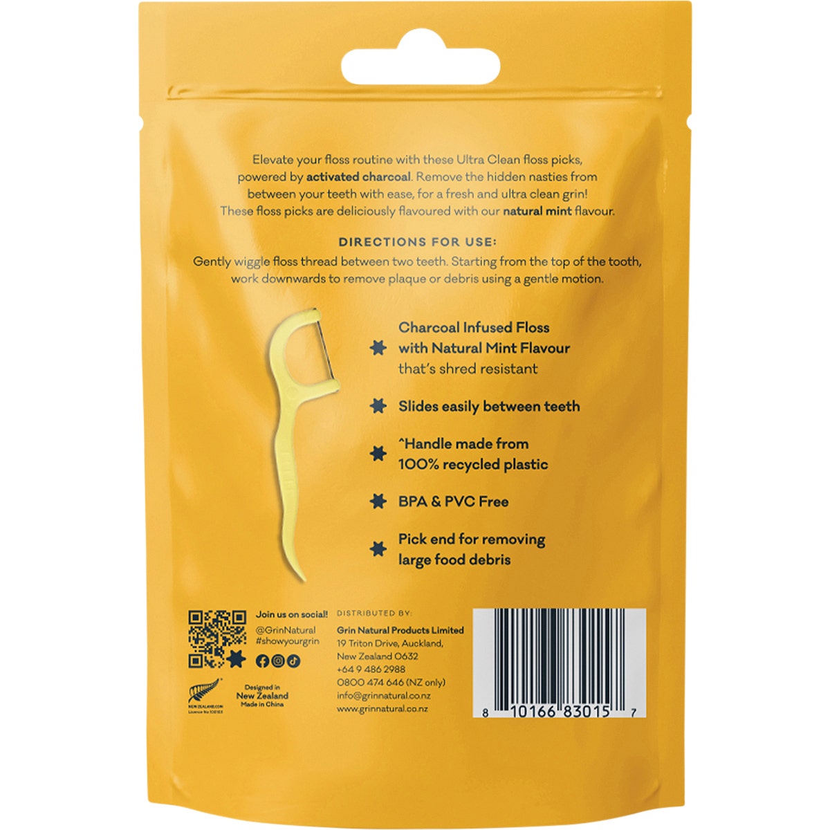 Grin Ultra Clean Floss Picks Charcoal Infused 80pk - Cutprice Online
