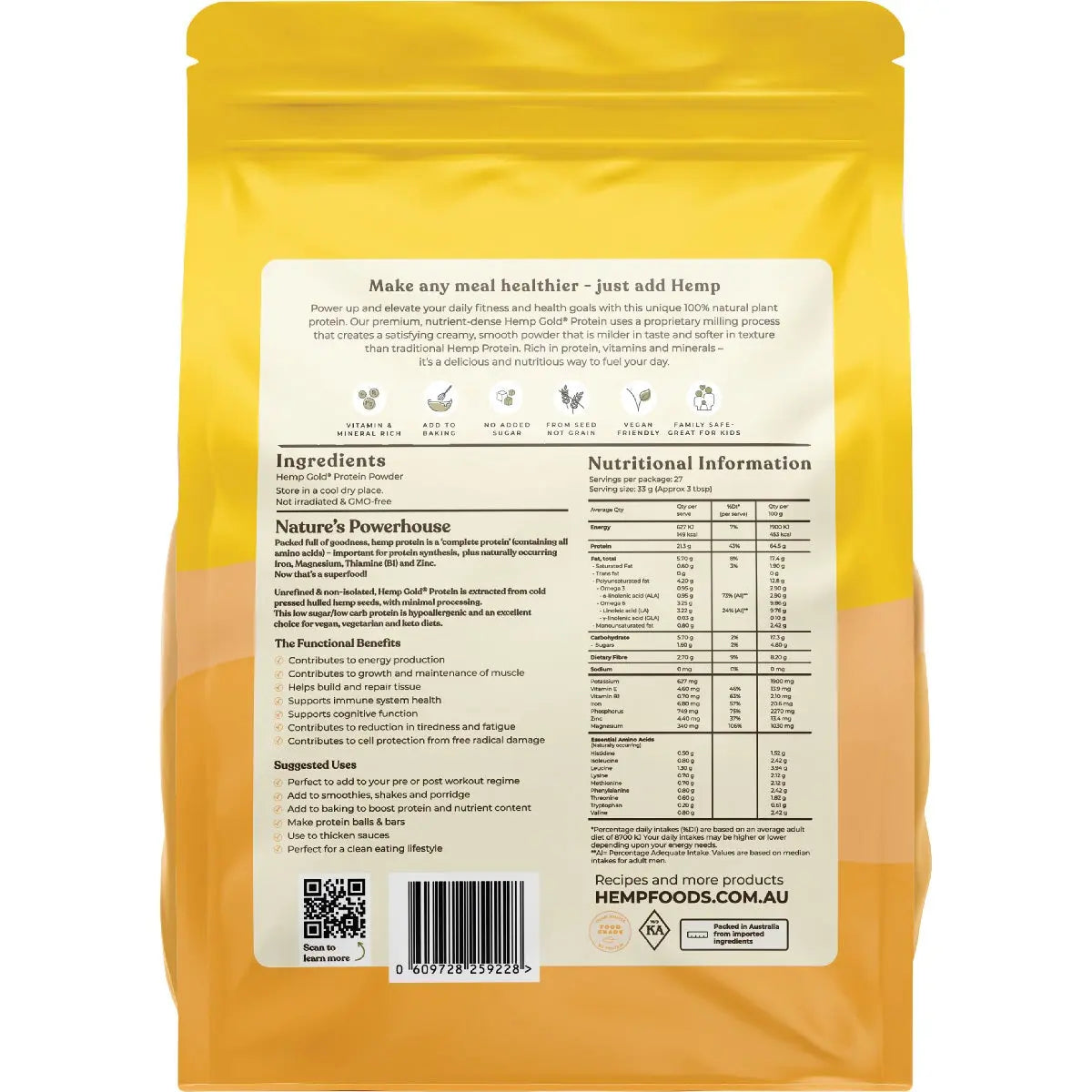 ESSENTIAL HEMP Organic Hemp Gold Protein Contains Omega 3, 6 & 9 900g ESSENTIAL HEMP