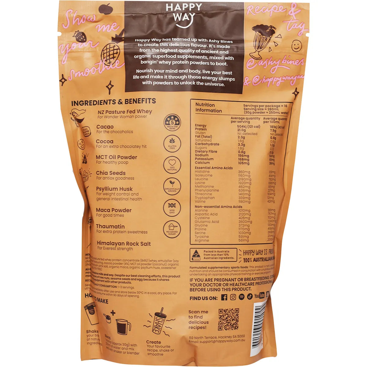 HAPPY WAY Ashy Bines Whey Protein Powder Choc Caramel 500g - Cutprice Online