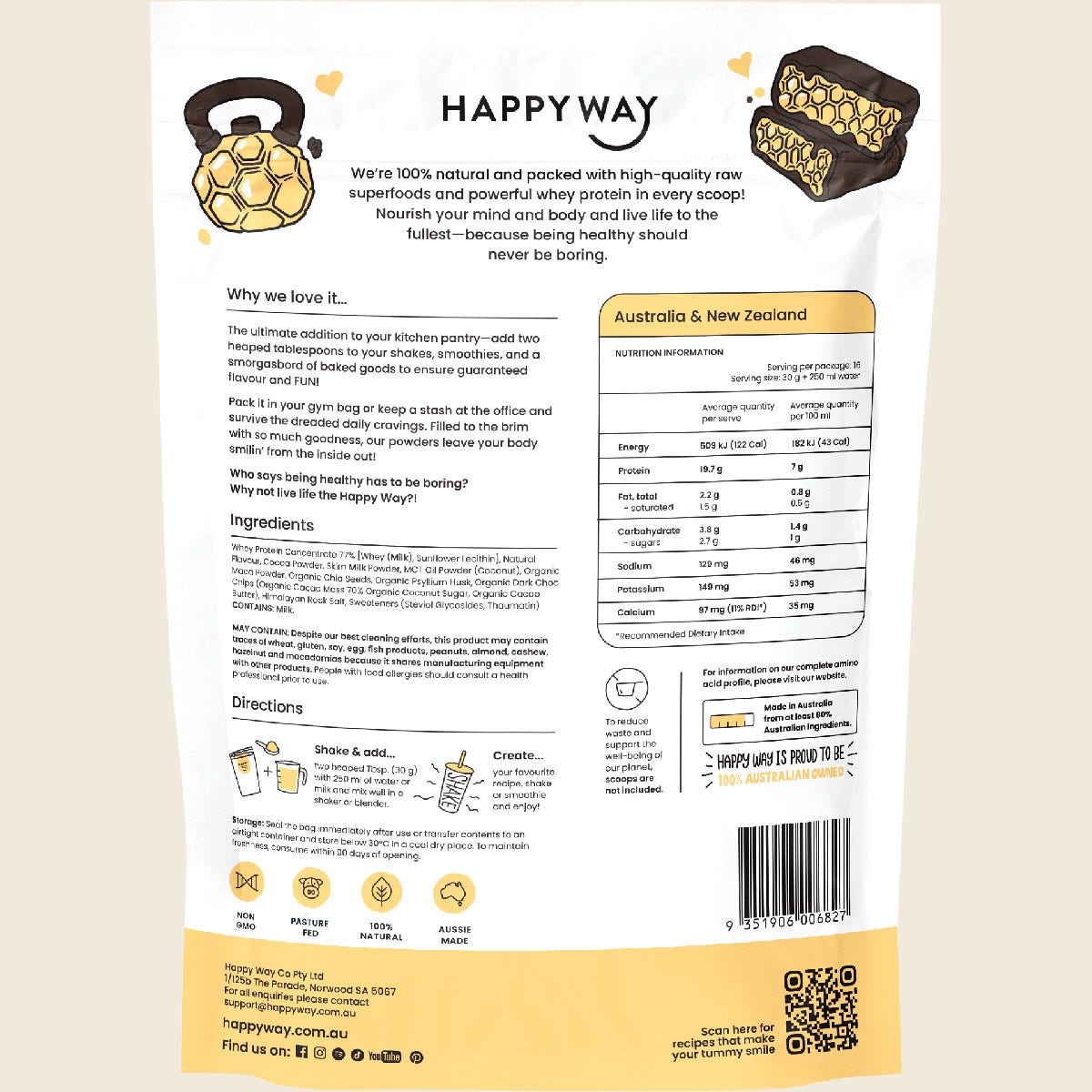Happy Way Whey Protein Powder Choc Chip Honeycomb 500g