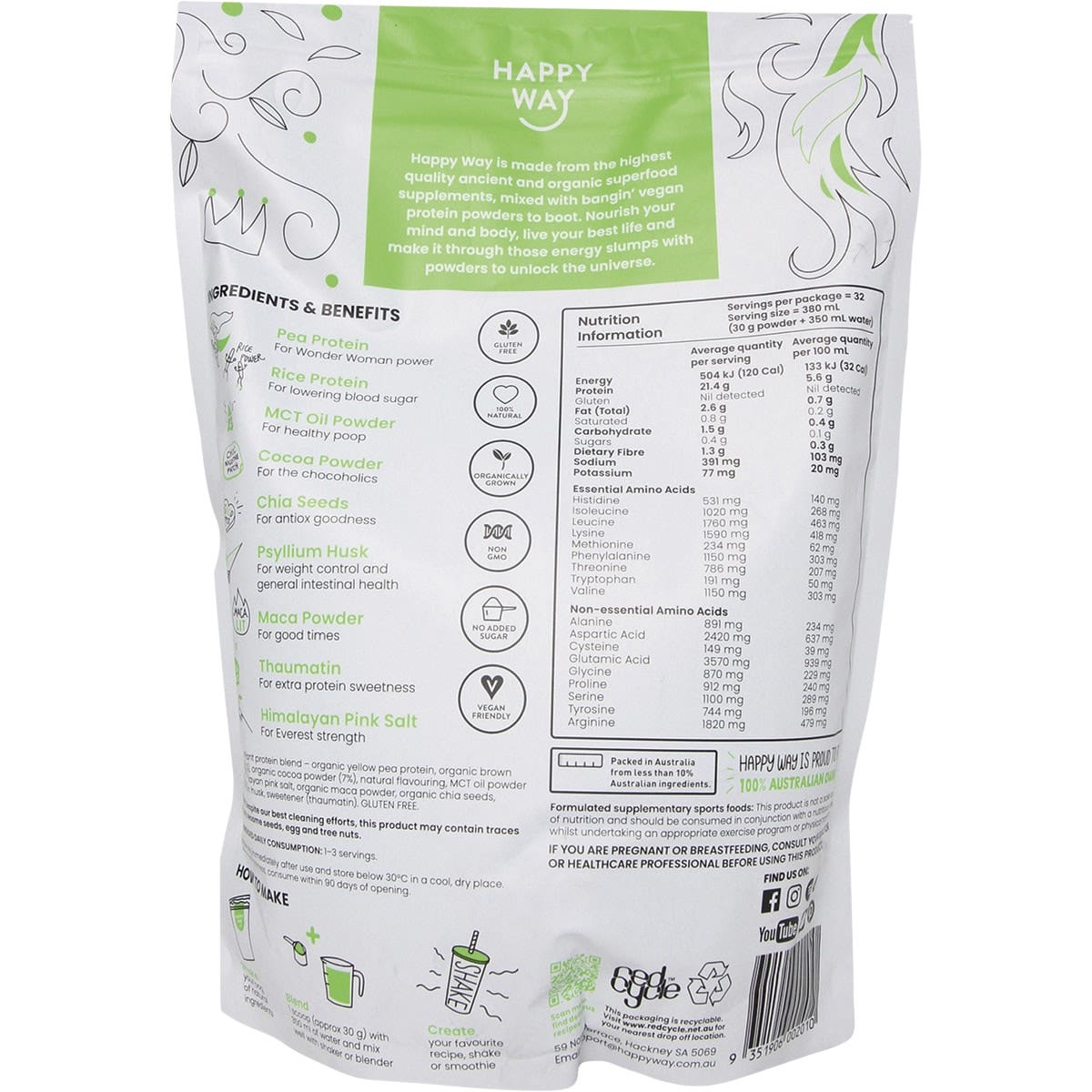 Happy Way Vegan Protein Powder Chocolate 1kg HAPPY WAY