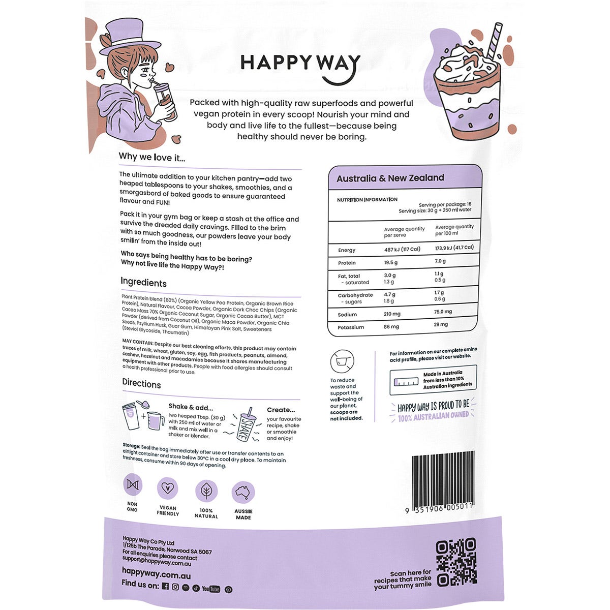Happy Way Vegan Protein Powder Double Choc Chip 500g - Cutprice Online