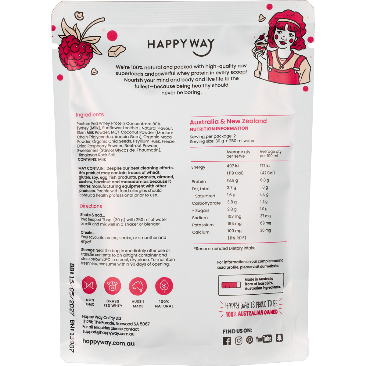 Happy Way Whey Protein Powder White Chocolate Raspberry 6x60g