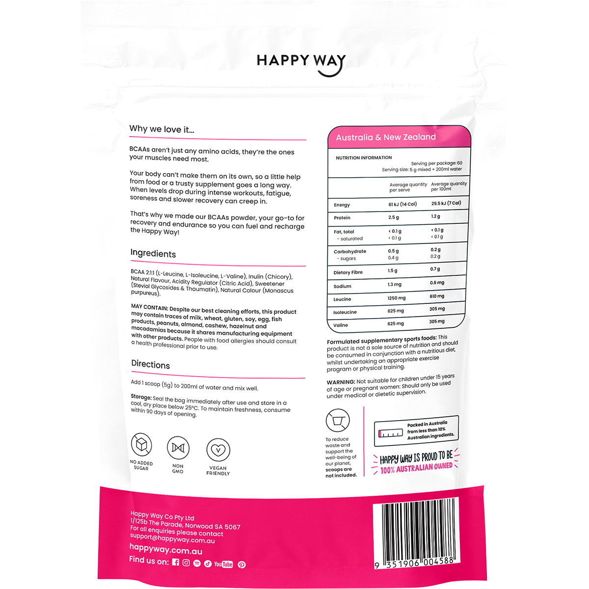 Happy Way BCAA Recharge Raspberry 300g