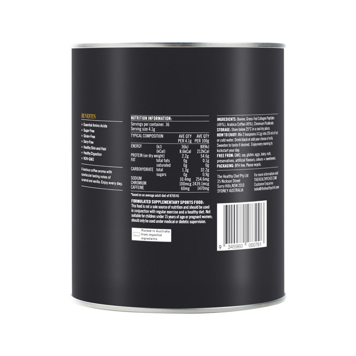 The Healthy Chef Collagen Coffee (Grass Fed Collagen + Arabica Coffee) Unsweetened 150g - Cutprice Online