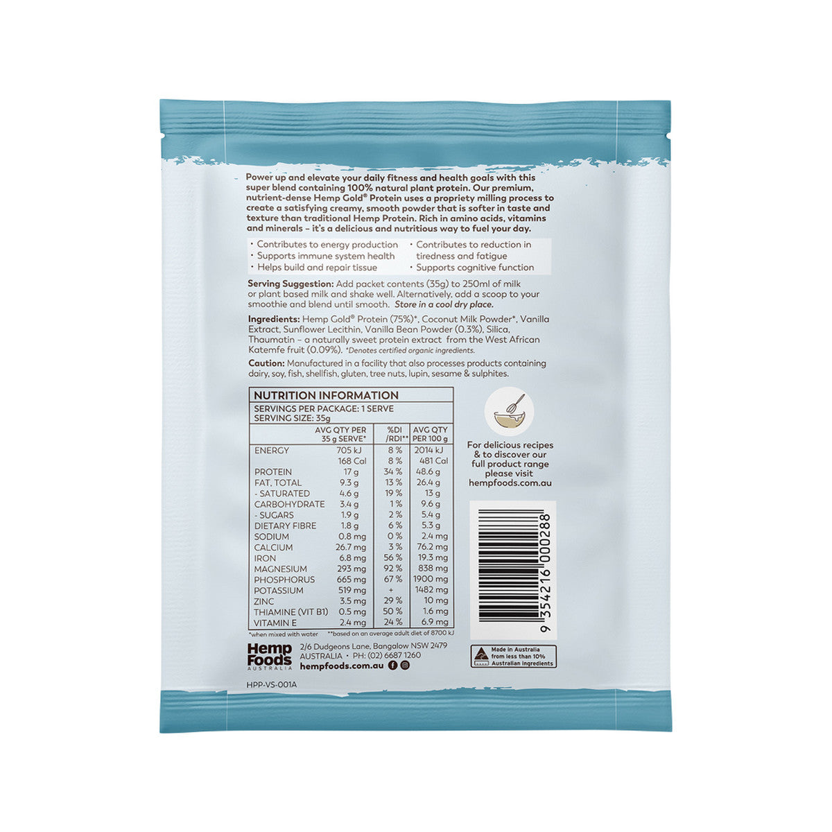 Hemp Foods Australia Organic Hemp Protein Shake Vanilla Bean Sachet 35g(Pack of 7) - Cutprice Online
