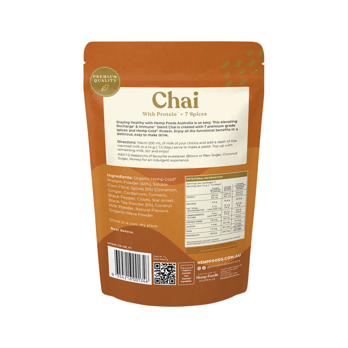 Hemp Foods Australia Chai Recharge + Immune With Protein + 7 Spices 100g - Cutprice Online