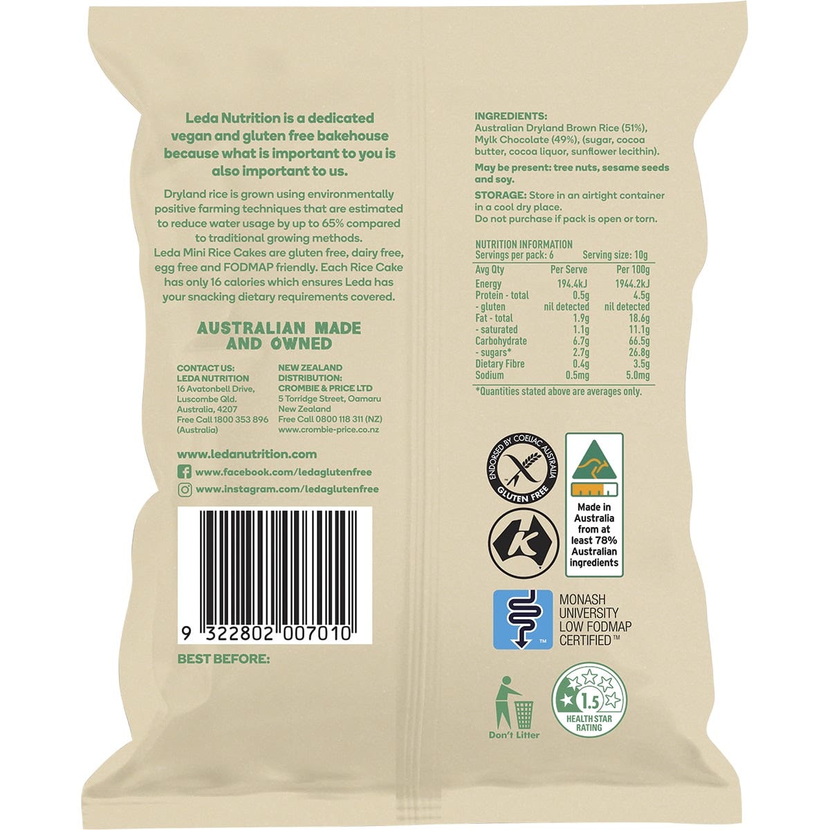 Leda Rice Cakes Mini Mylk Chocolate 60g (Pack of 6) - Cutprice Online