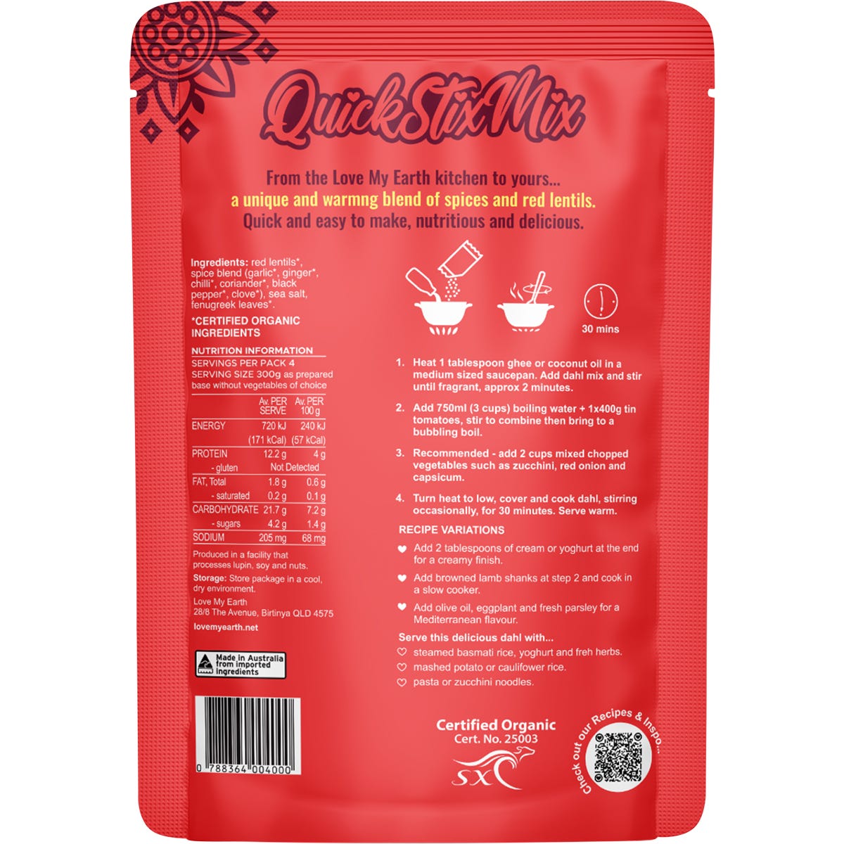 Love My Earth Quick Stix Mix Organic Dahl Bombay Tomato 200g - Cutprice Online
