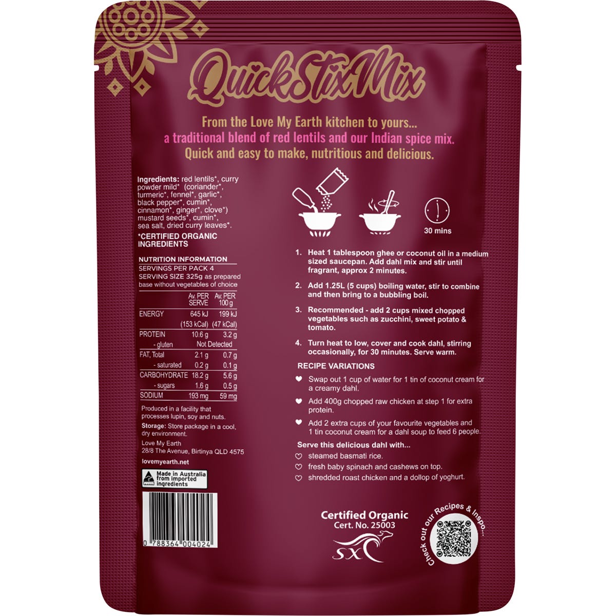 Love My Earth Quick Stix Mix Organic Dahl Indian Masala 200g - Cutprice Online