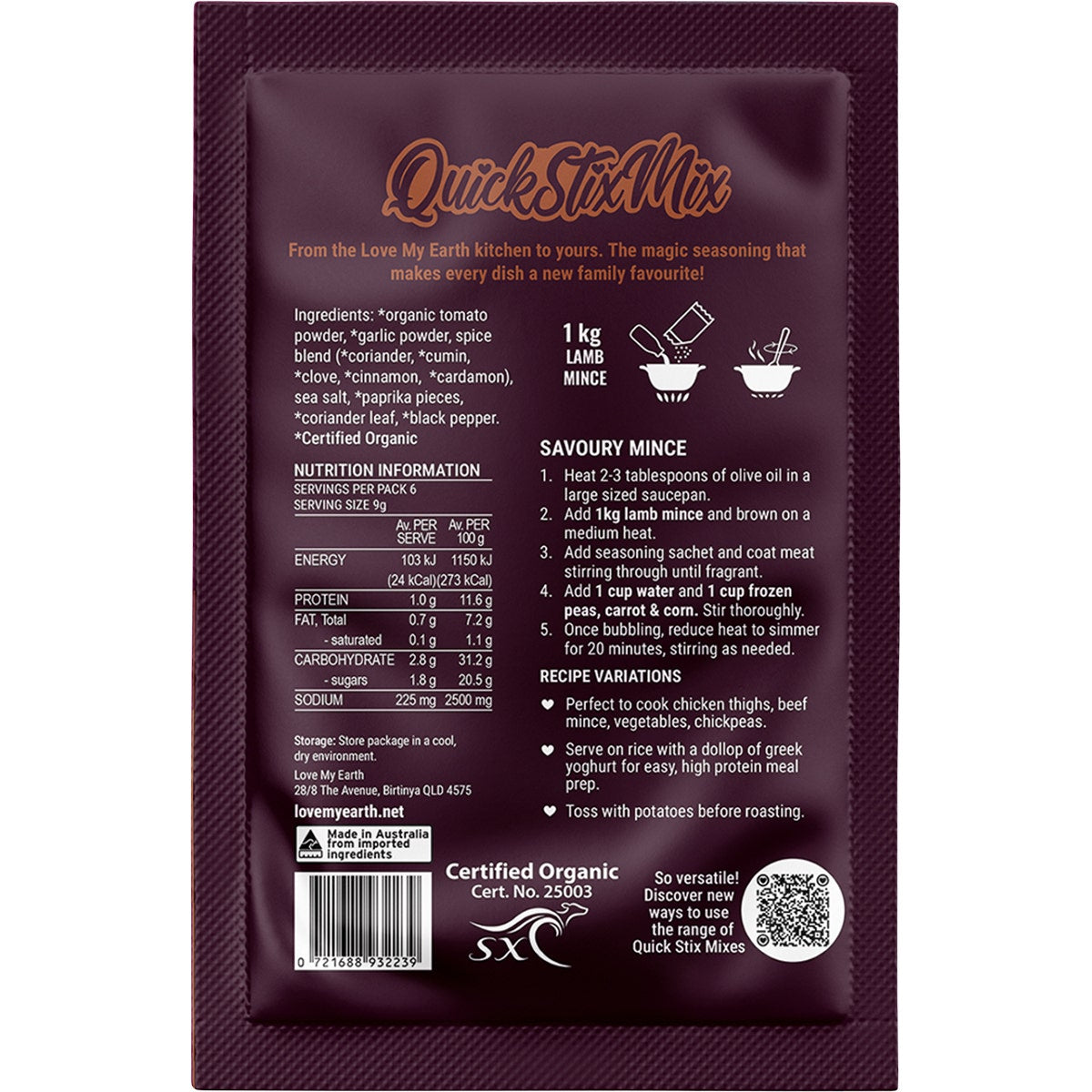 Love My Earth Quick Stix Mix Organic Recipe Base Savoury Mince 10x55g - Cutprice Online
