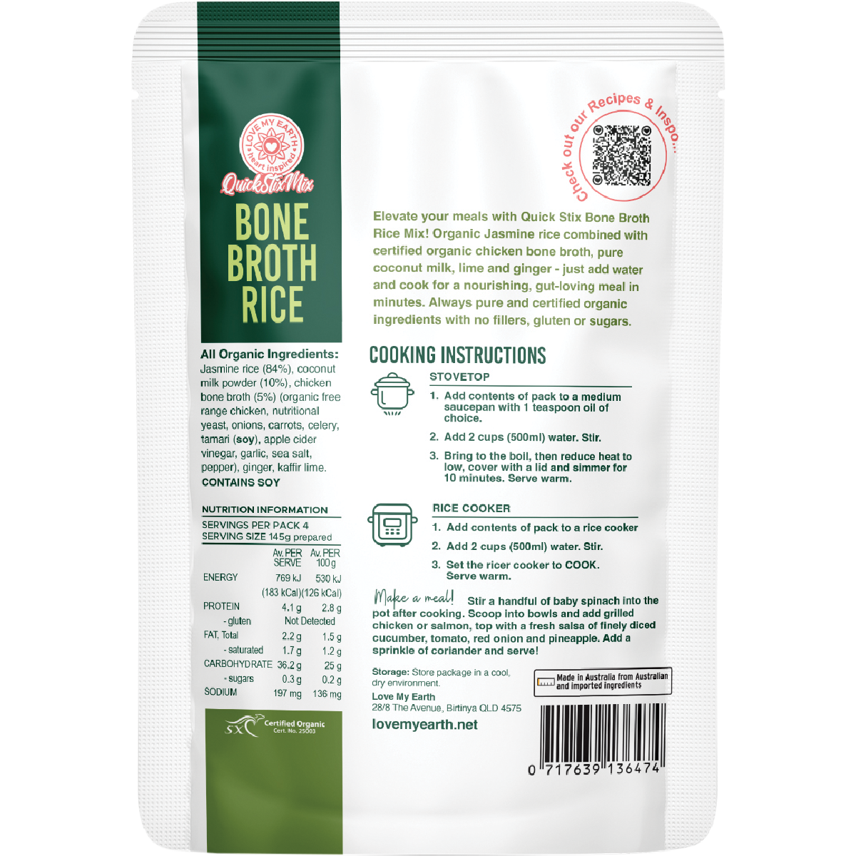 Love My Earth Quick Stix Mix Organic Bone Broth Rice Coco Lime Ginger 200g