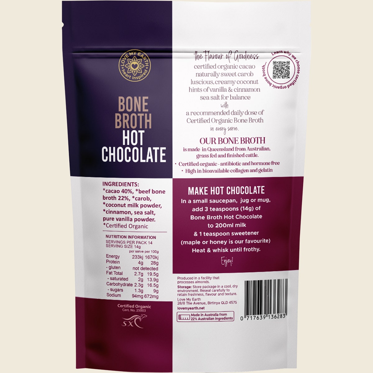 Love My Earth Organic Bone Broth Hot Chocolate 196g