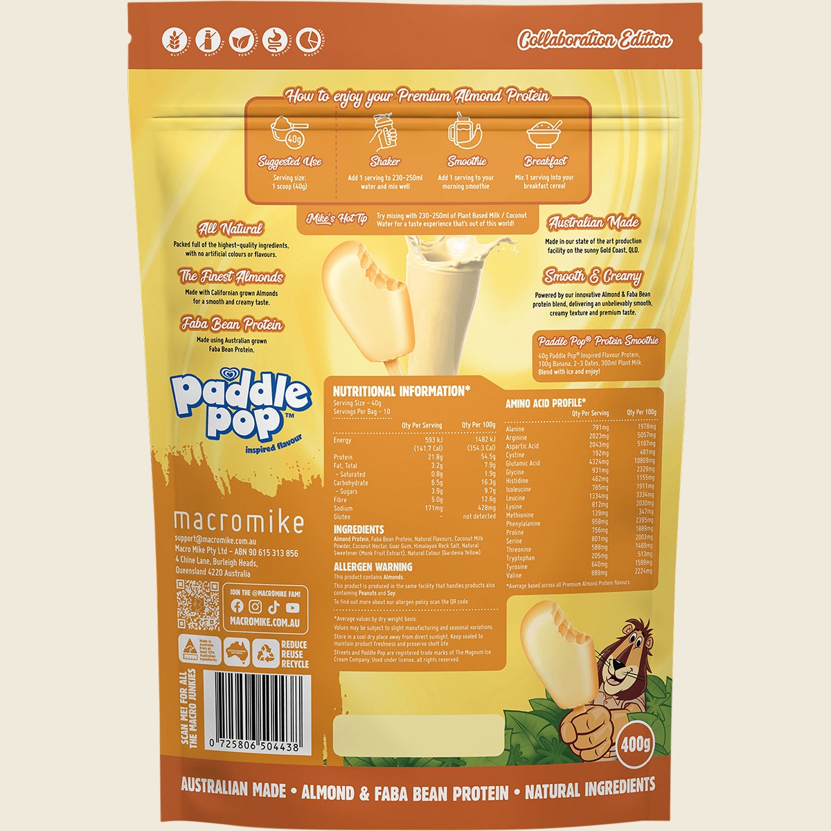 Macro Mike x Streets Almond Protein Banana Paddle Pop Inspired 400g