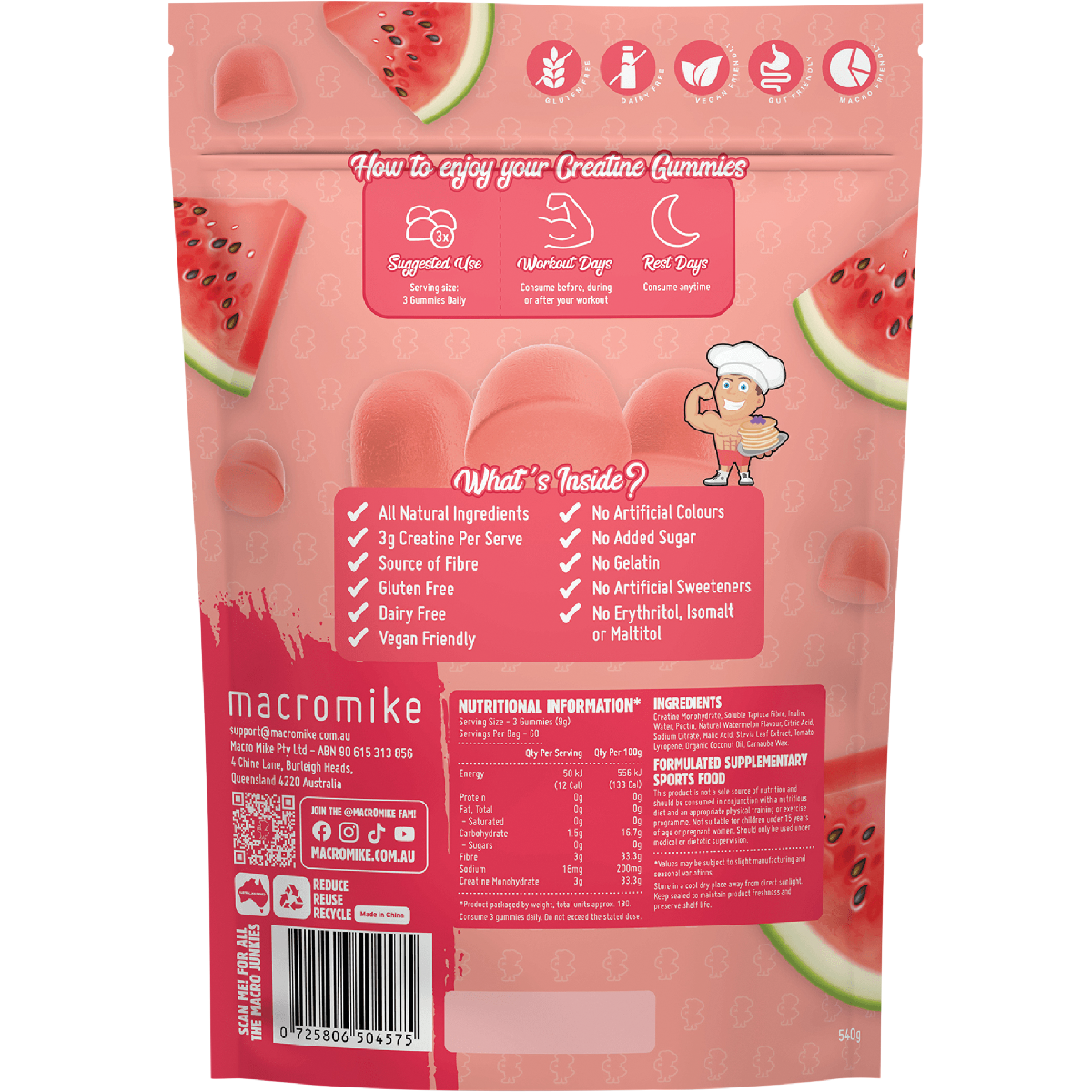 Macro Mike Creatine Gummies Watermelon Burst 180 Pack
