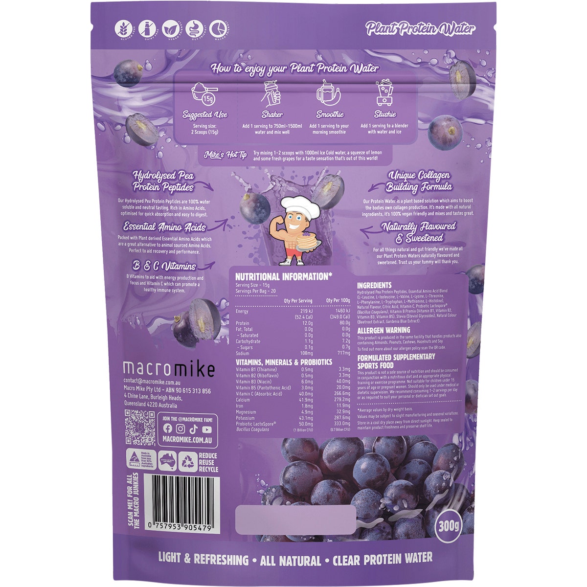 MACRO MIKE Plant Protein Water Juicy Grape 300g - Cutprice Online