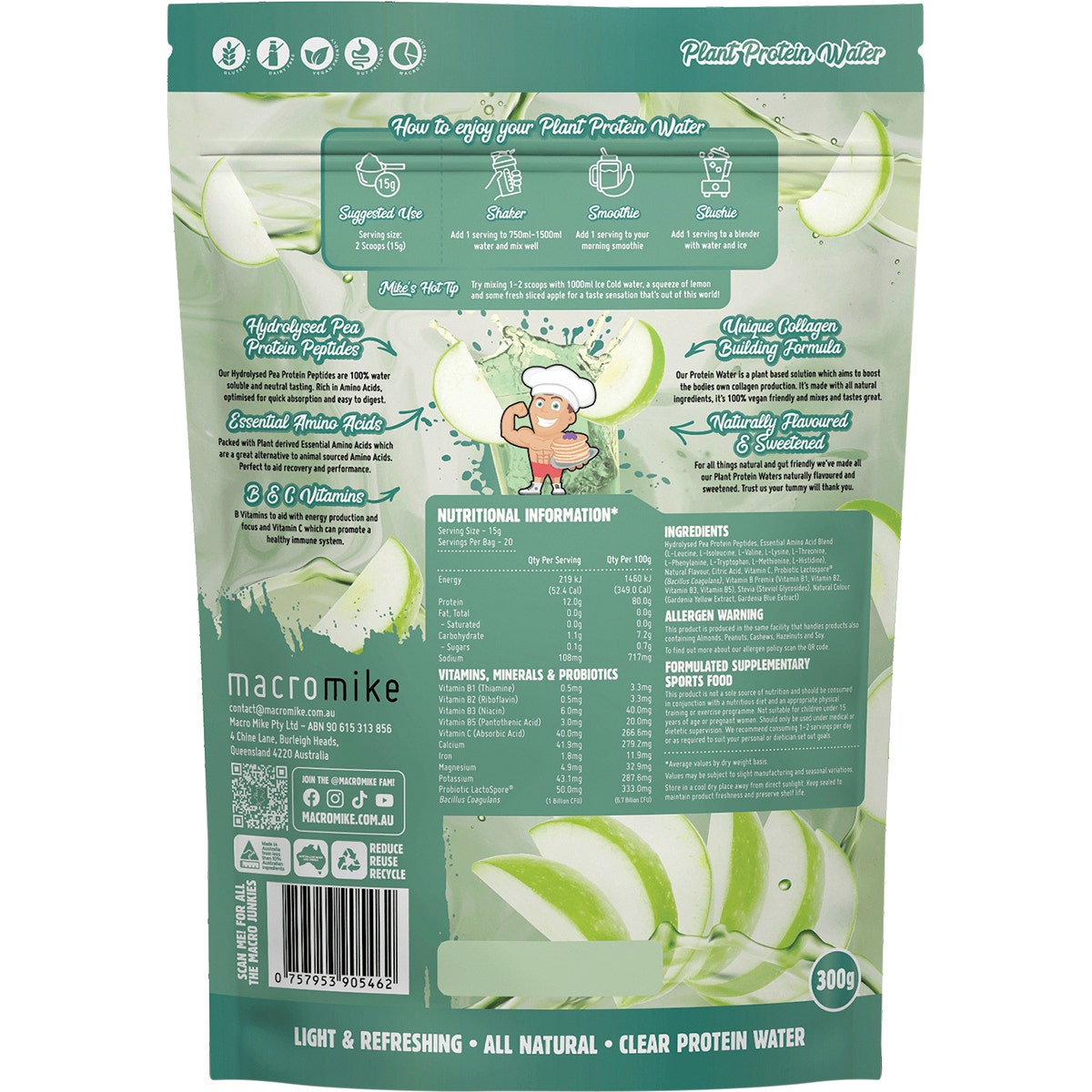 MACRO MIKE Plant Protein Water Green Apple 300g - Cutprice Online