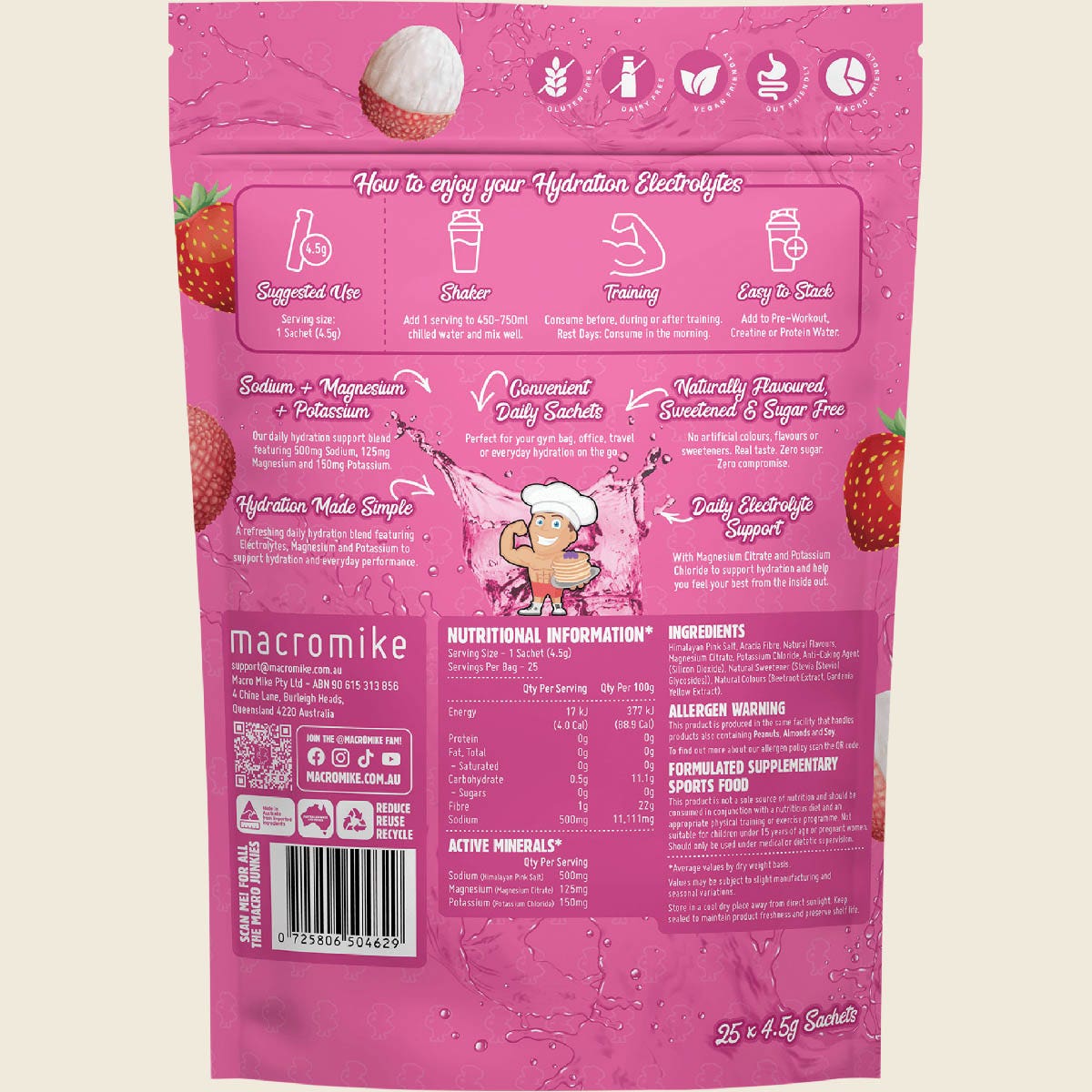 Macro Mike Hydration Electrolytes Sachets Strawberry Lychee 25x4.5g