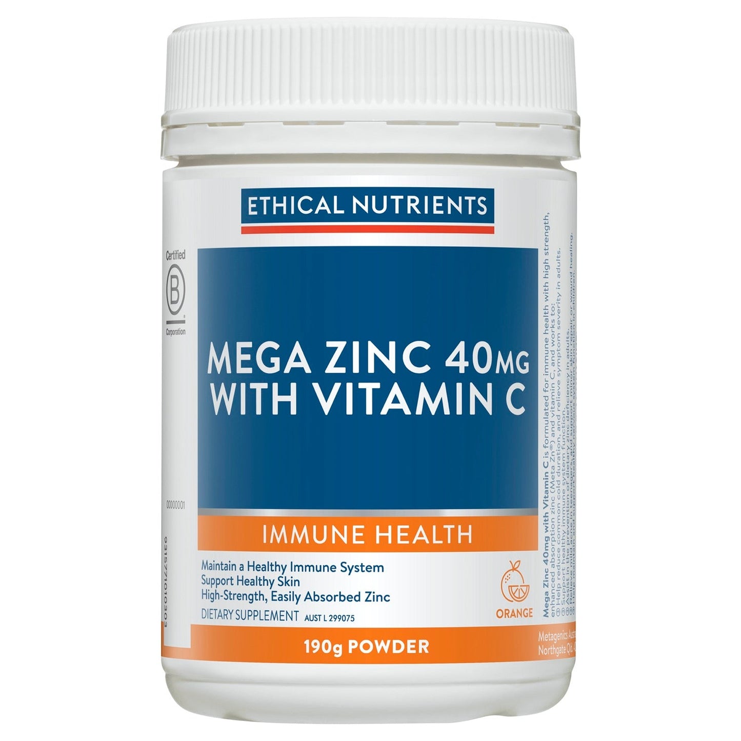 Ethical Nutrients Mega Zinc Powder 40mg (Orange) 190g - Cutprice Online