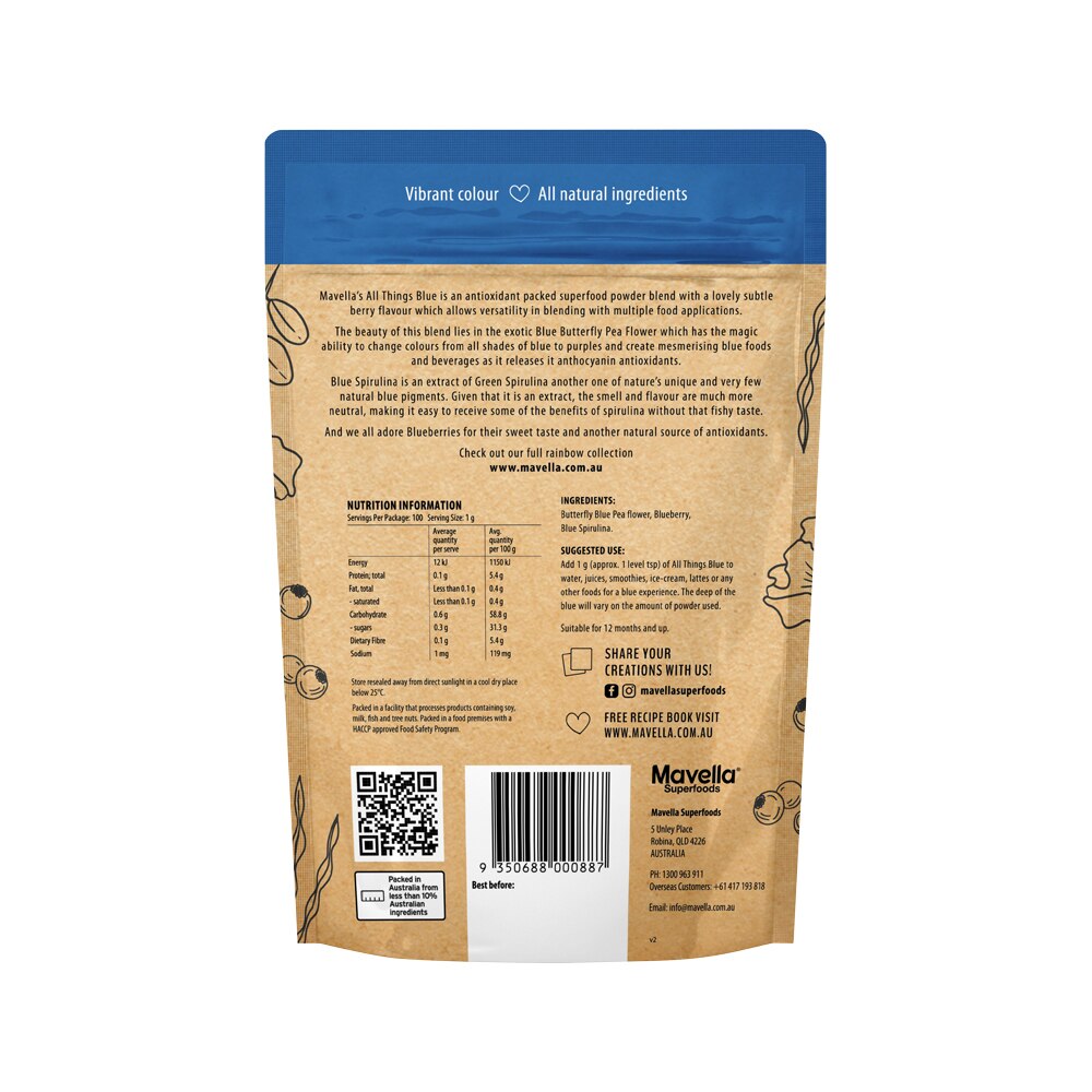 Mavella Superfoods All Things Blue (Blue Spirulina & Blue Butterfly Pea Flower & Blueberries) 100g - Cutprice Online