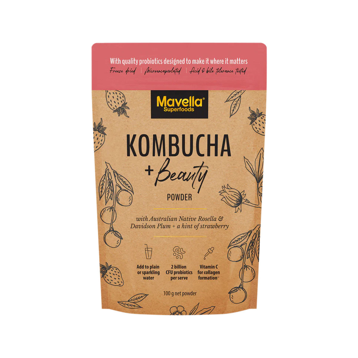 Mavella Superfoods Kombucha + Beauty Powder with Australian Native Rosella & Davidson Plum & Strawberry 100g - Cutprice Online