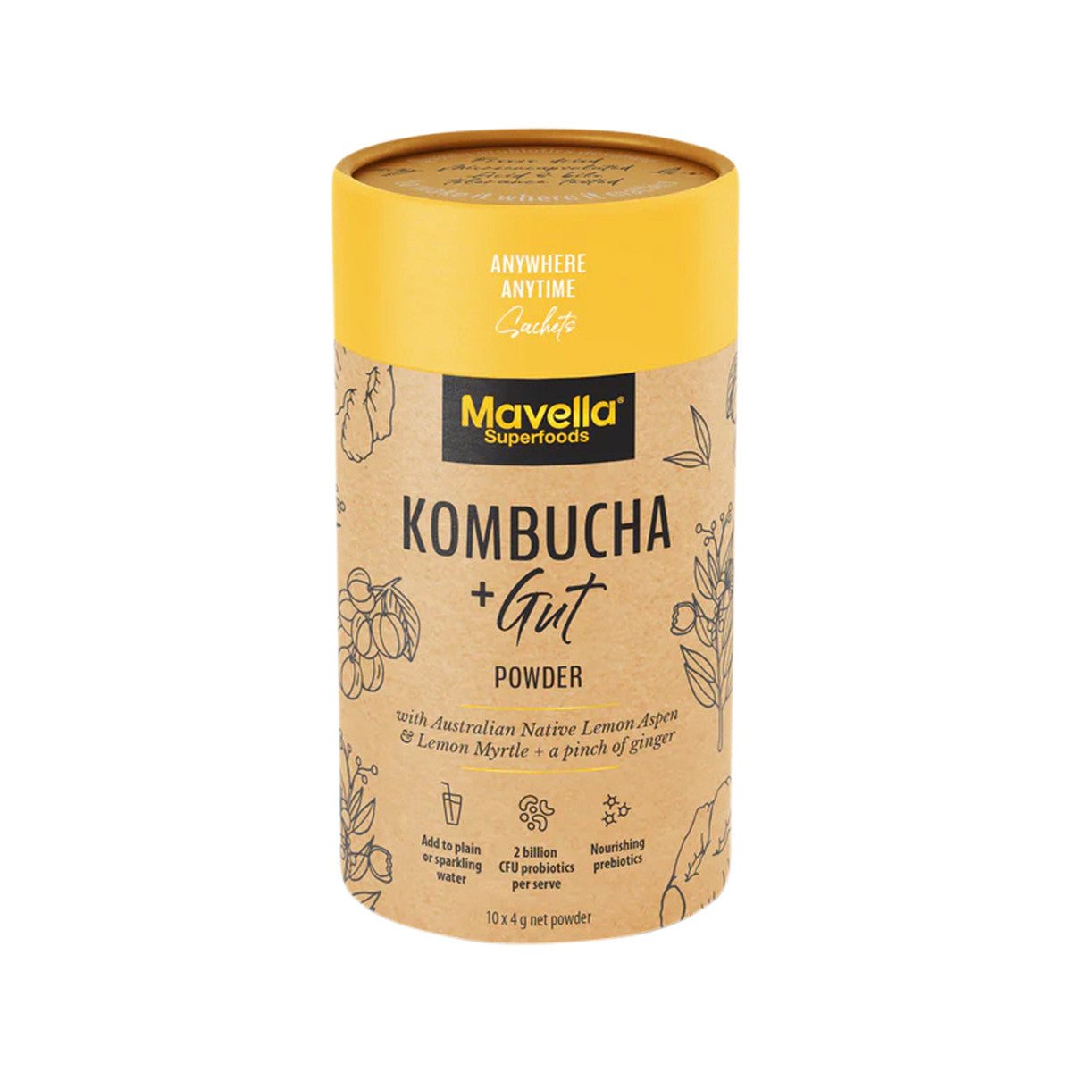 Mavella Superfoods Kombucha + Gut Powder with Australian Native Lemon Aspen & Lemon Myrtle & Ginger Sachet 4g x 10 Pack - Cutprice Online