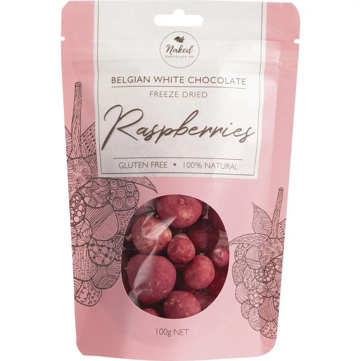 NAKED CHOCOLATE CO Freeze Dried Raspberries White Chocolate 100g NAKED