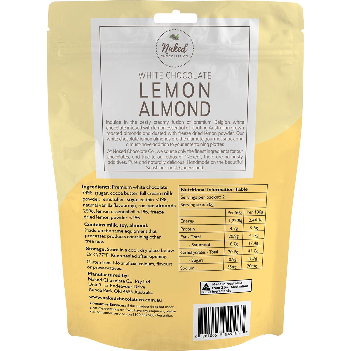 NAKED CHOCOLATE CO Lemon Almond White Chocolate 100g - Cutprice Online