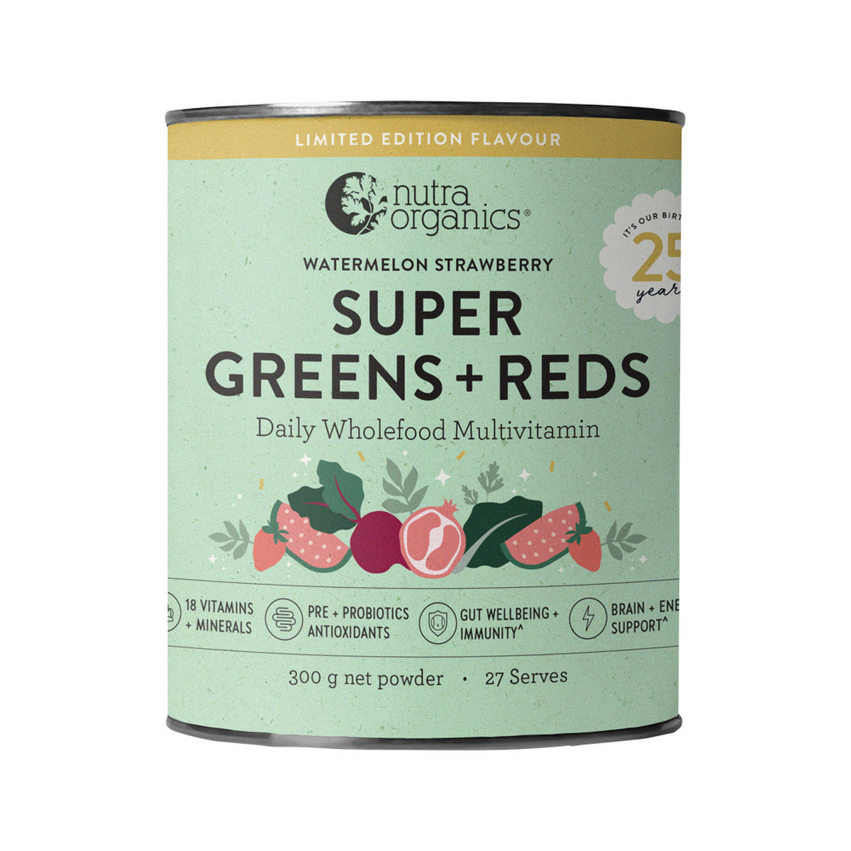Nutra Organics Organic Super Greens + Reds (Wholefood Multivitamin) Watermelon Strawberry 300g - Cutprice Online