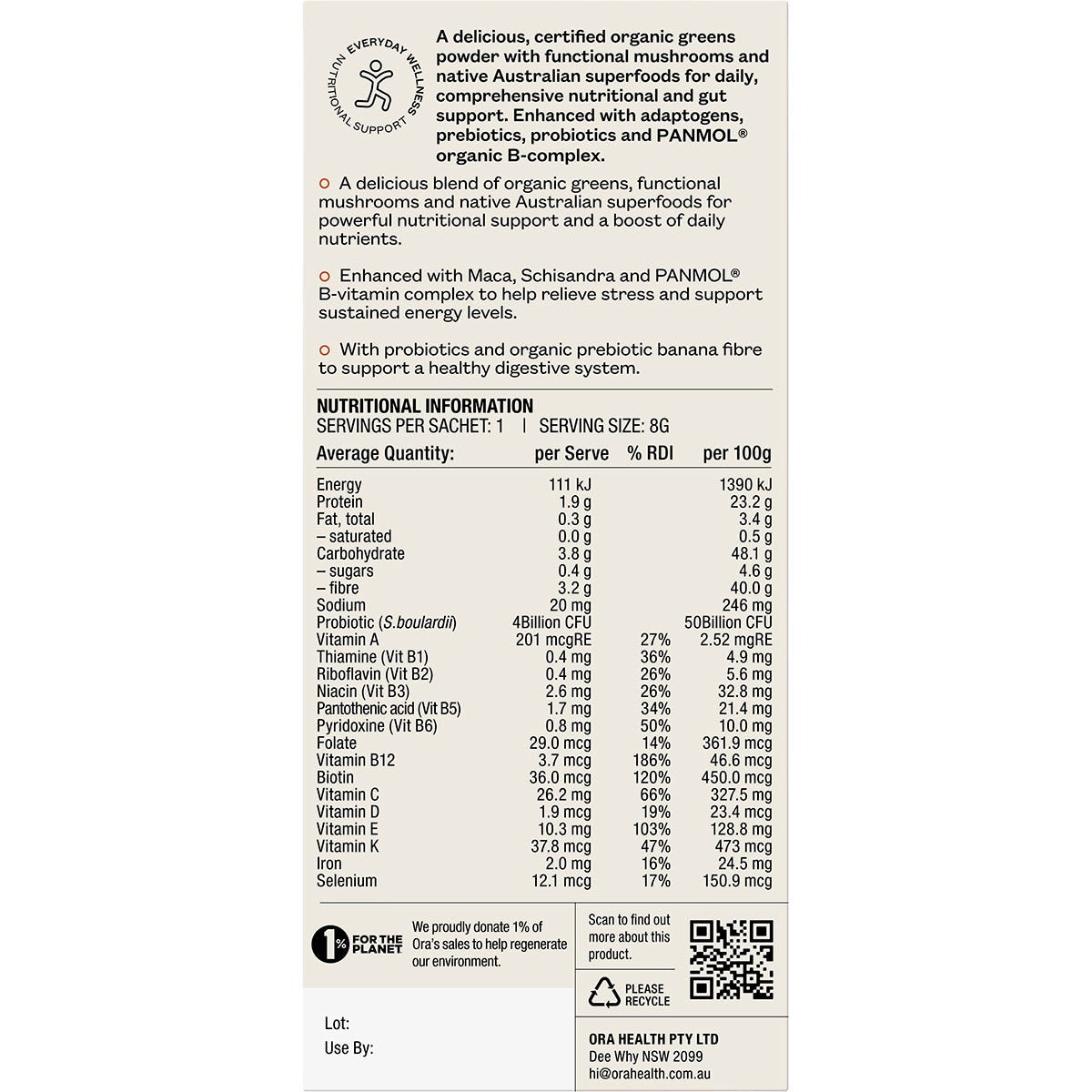 Ora Health Organic Greens Superpowder+ Daily Sachets 7x8g - Cutprice Online