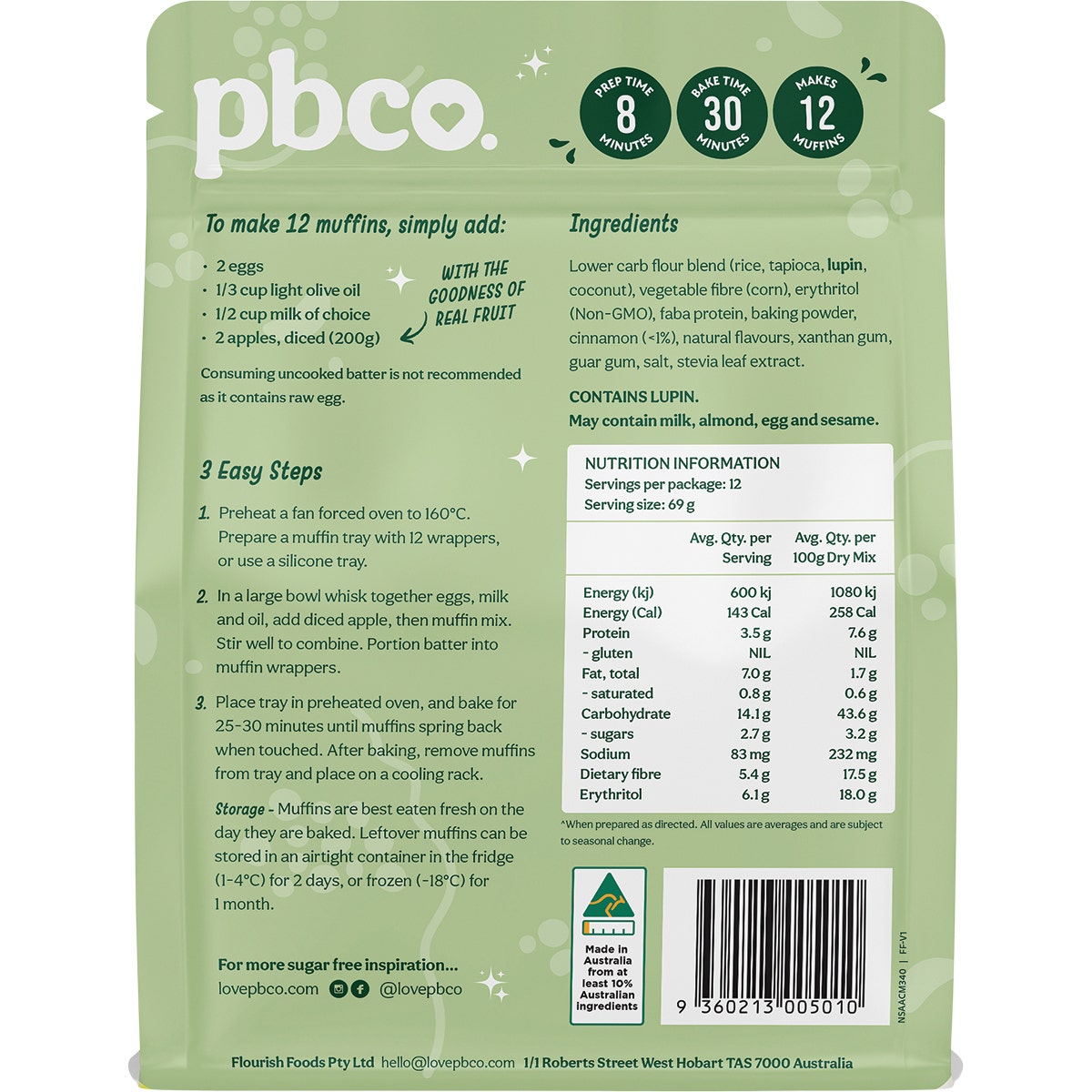 PBCO Apple Cinnamon Muffin Mix No Sugar Added 340g - Cutprice Online