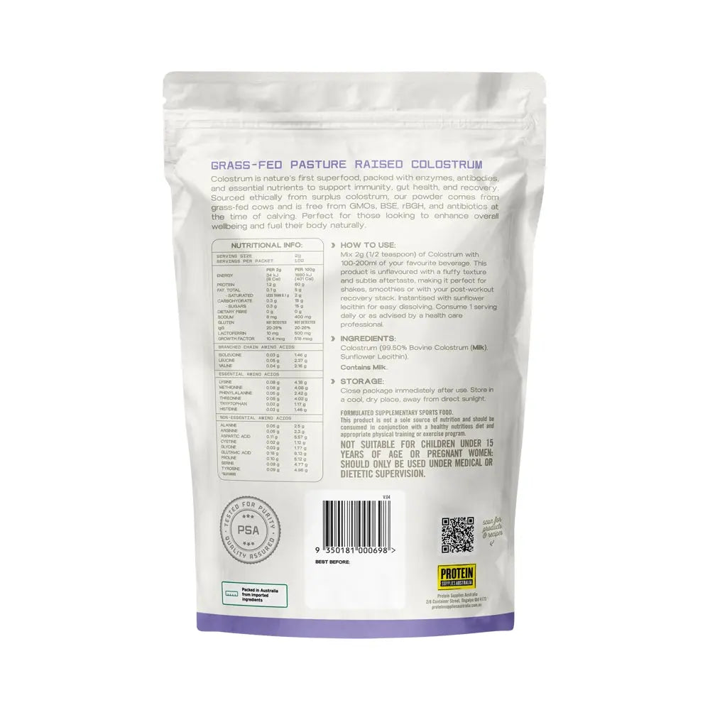 PROTEIN SUPPLIES AUSTRALIA Colostrum (Grass Fed) Pure - 20% Immunoglobulin (IgG) 200g PROTEIN SUPPLIES AUSTRALIA