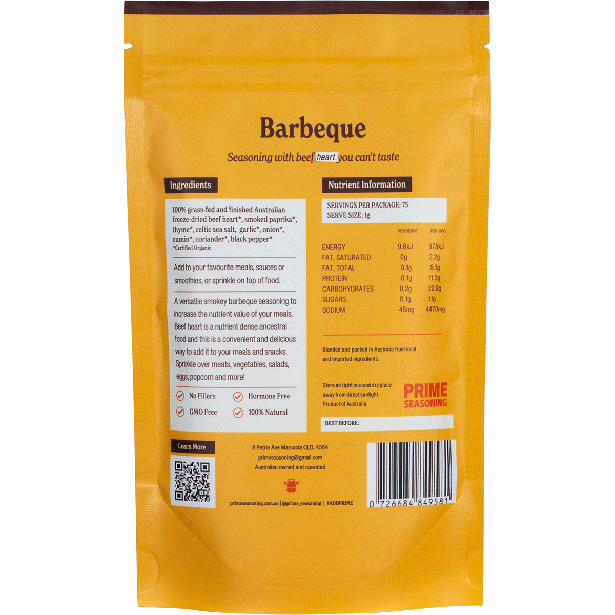 Prime Seasoning Organic Barbeque Seasoning With Beef Heart 75g