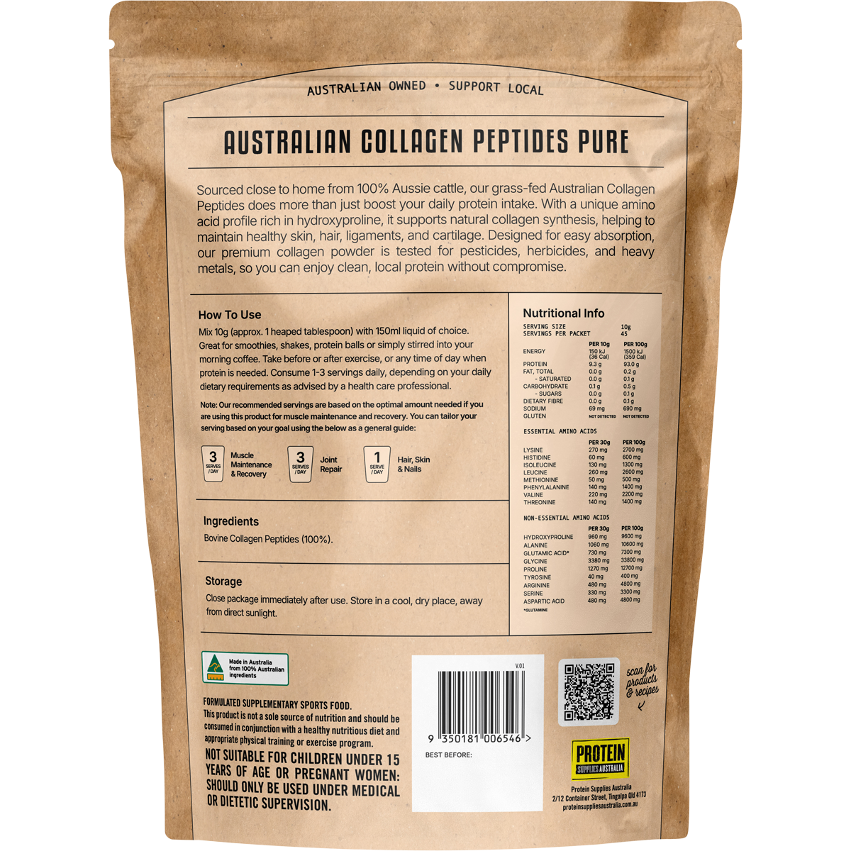 Protein Supplies Australia Pure Unflavoured Australian Collagen Peptides 450g