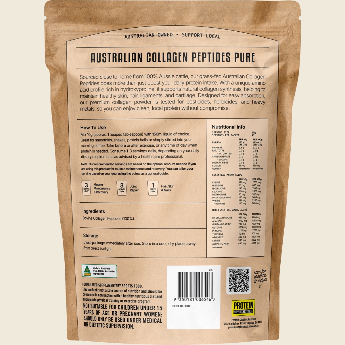 Protein Supplies Australia Australian Collagen Peptides Pure Unflavoured 450g