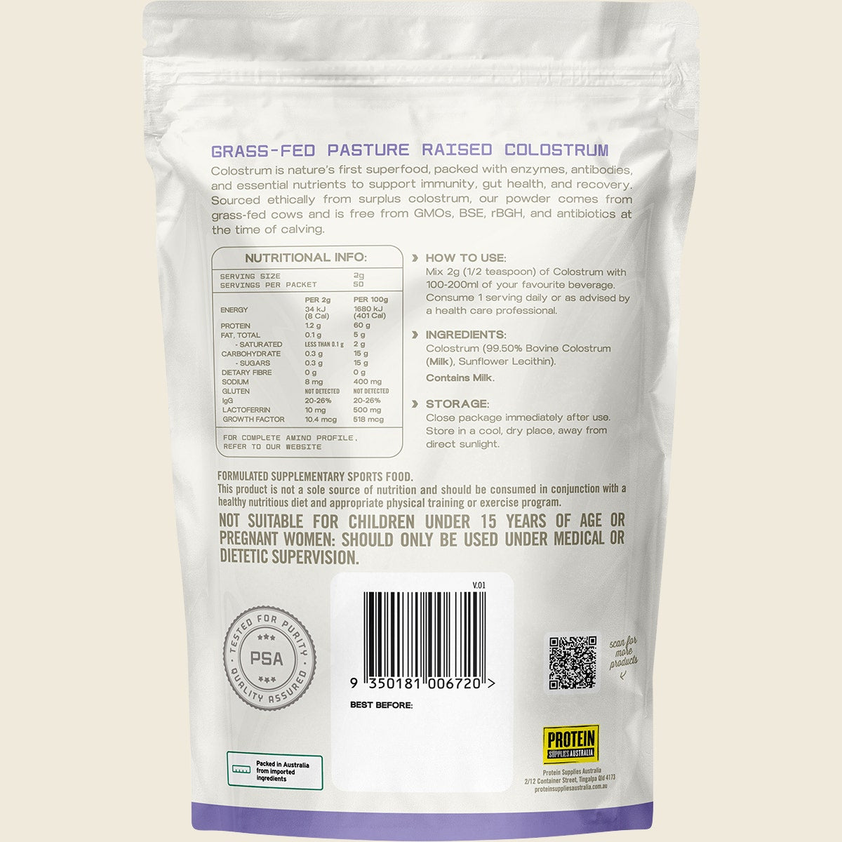 Protein Supplies Australia Colostrum Grass Fed Unflavoured 100g