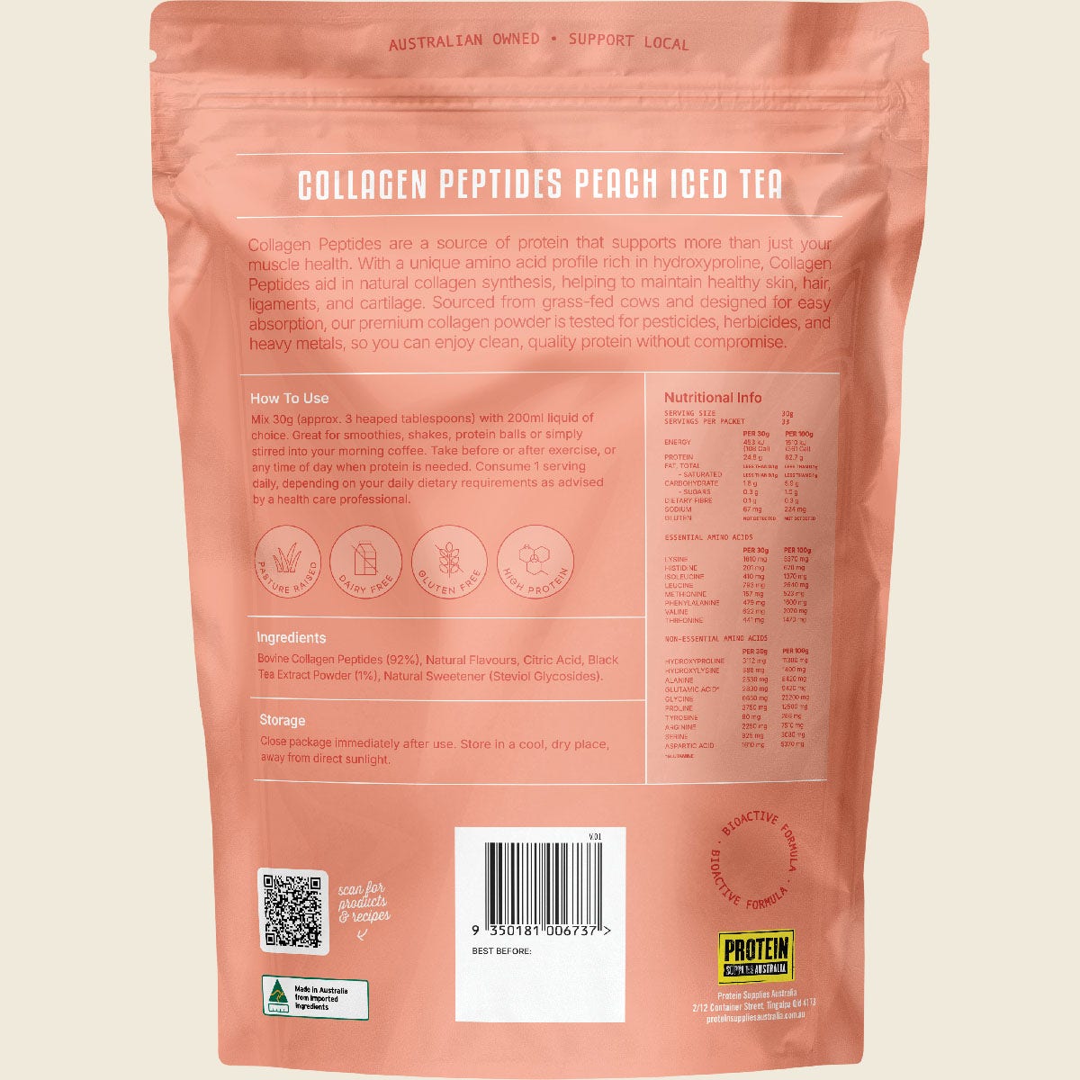 Protein Supplies Australia Collagen Peptides Peach Iced Tea 1kg