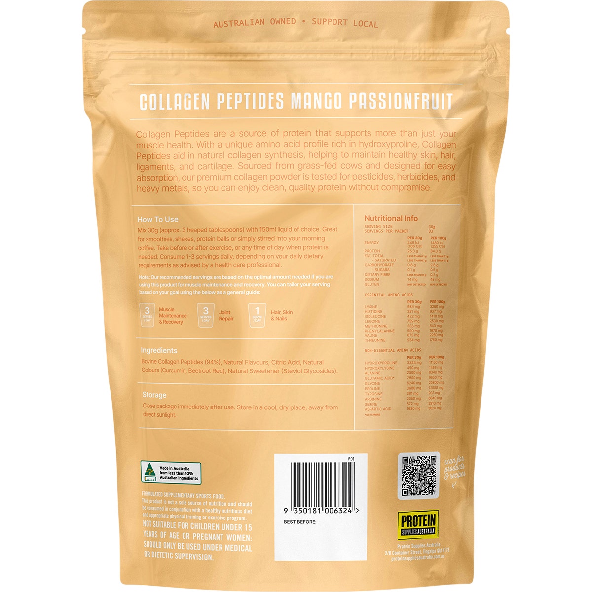 Protein Supplies Australia Grass Fed Collagen Mango Passionfruit 1kg - Cutprice Online