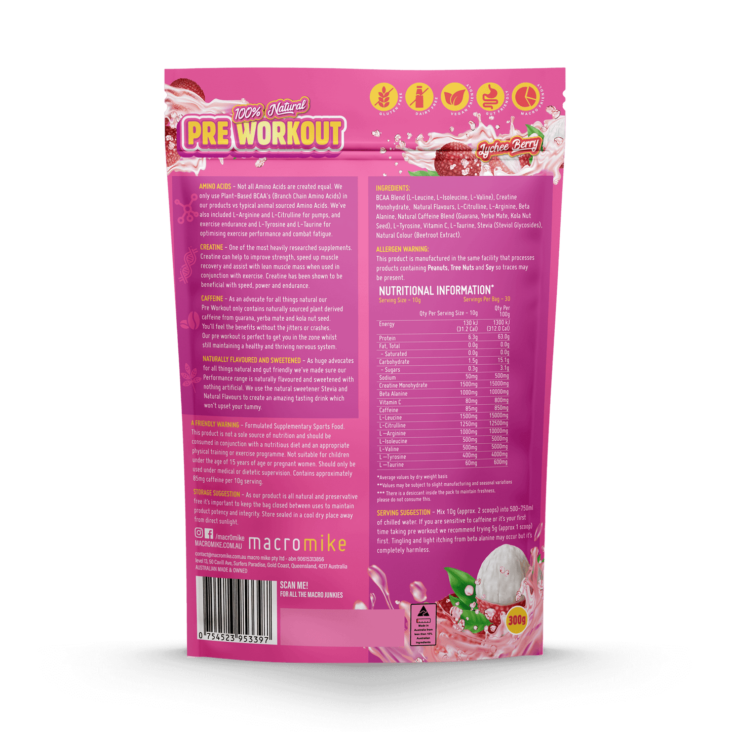 Macro Mike Pre Workout Lychee Berry 300g MACRO MIKE