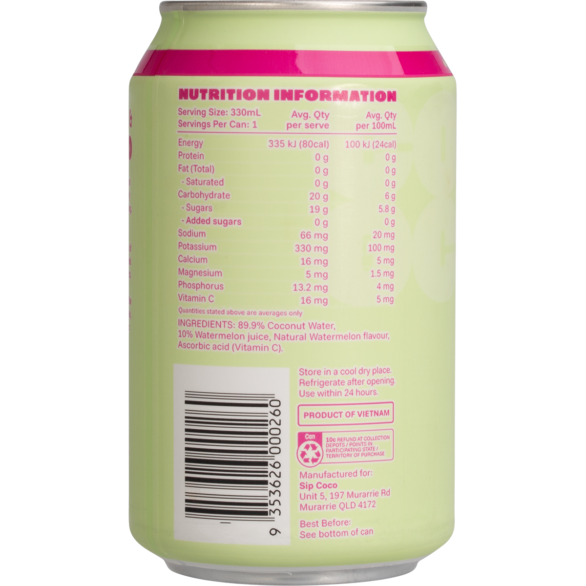 Sip Coco Watermelon Coconut Water 330ml x 12 Pack