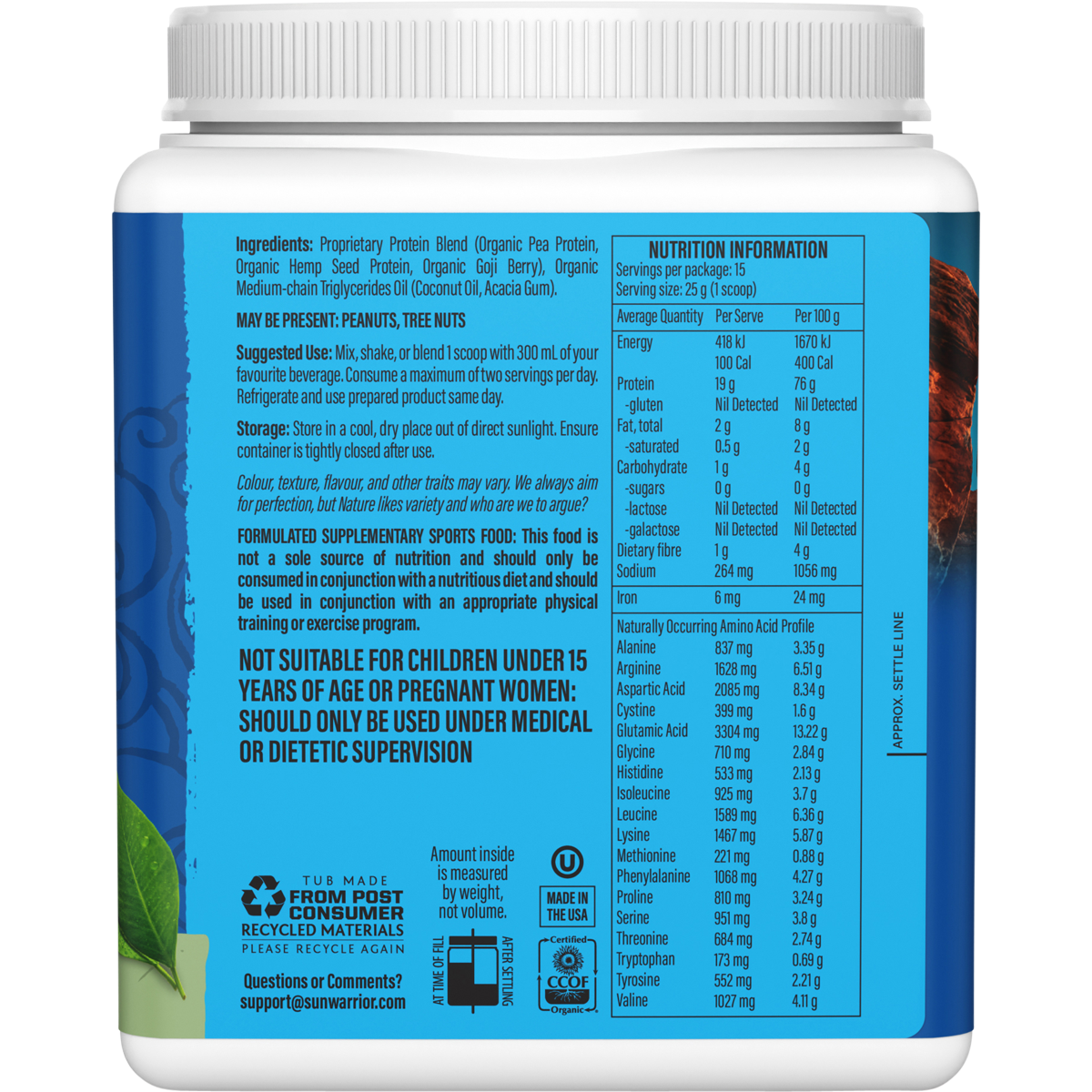Sunwarrior Protein Powder Warrior Blend Unflavoured 375g