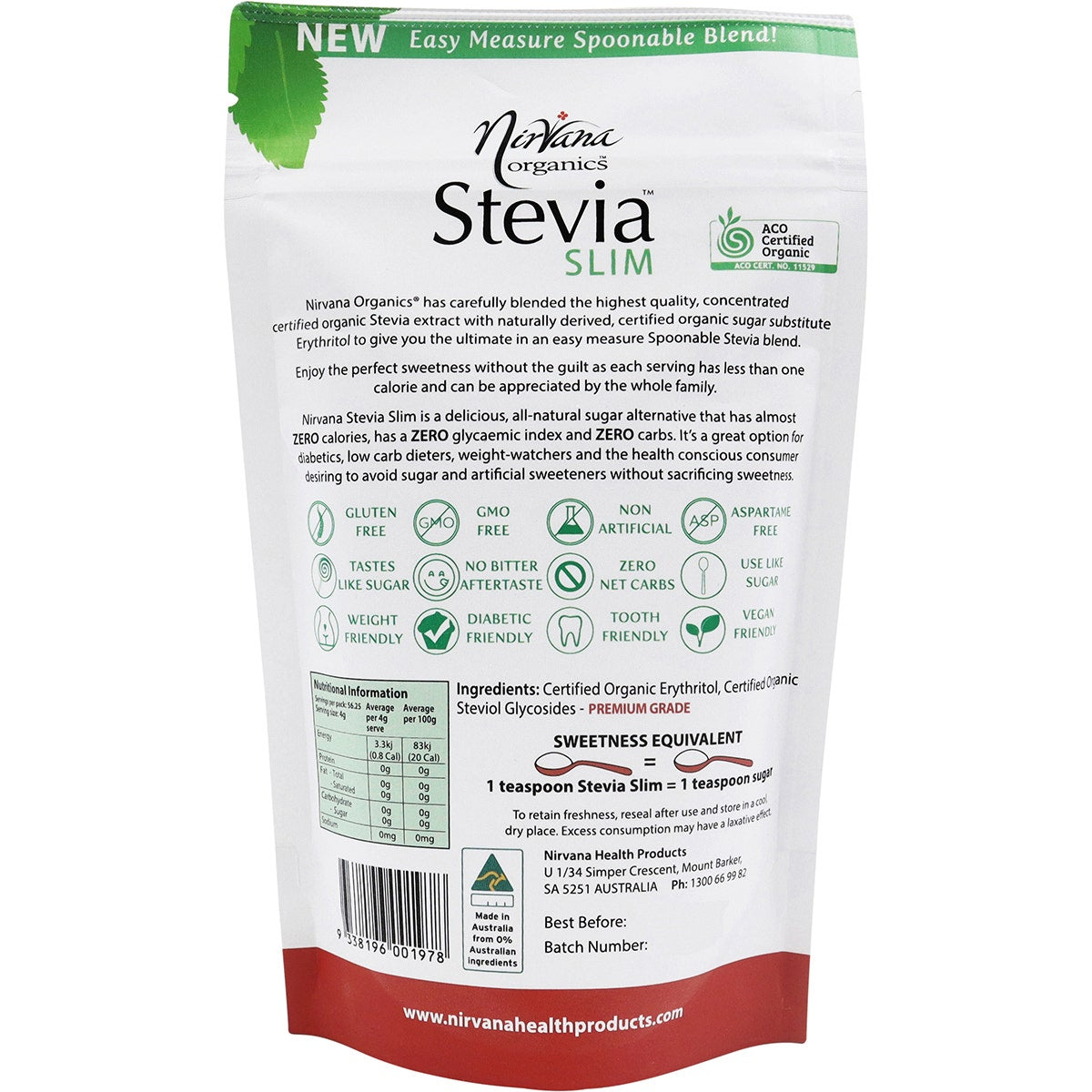 NIRVANA ORGANICS Stevia & Erythritol Sweetener Stevia Slim Spoonable 225g NIRVANA