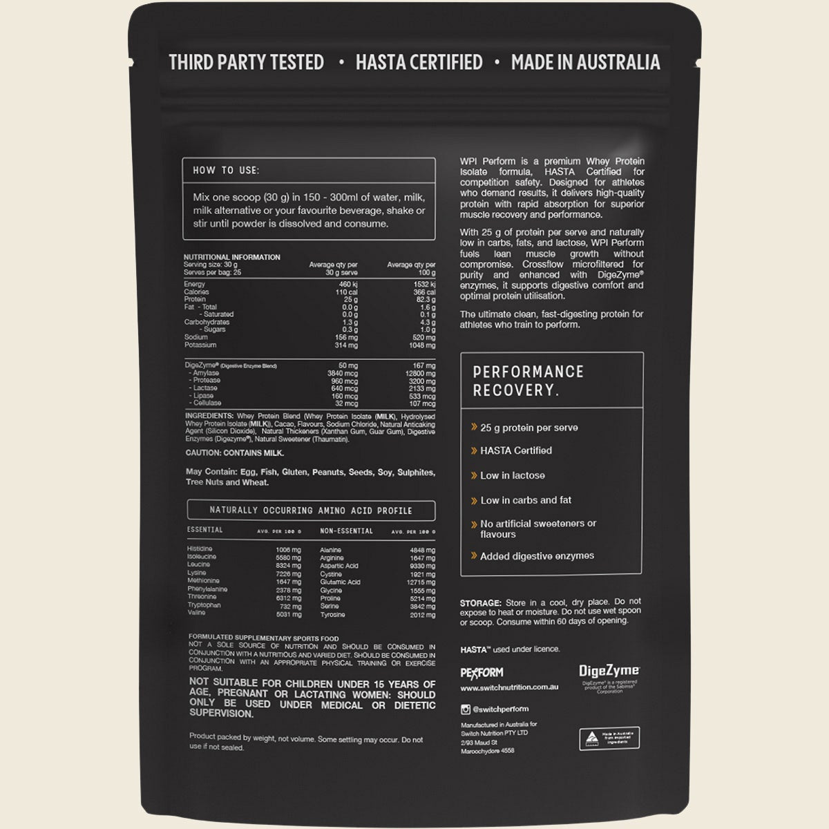 Switch Nutrition Perform Whey Protein Isolate Hasta Cert Chocolate Milk 750g