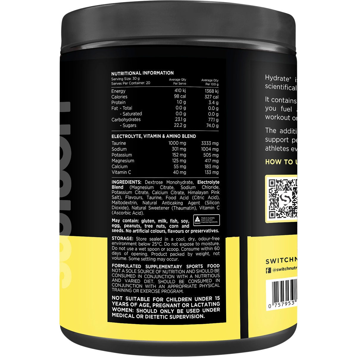 SWITCH NUTRITION Hydrate+ Electrolytes & Carbohydrate Lemon Lime 600g - Cutprice Online